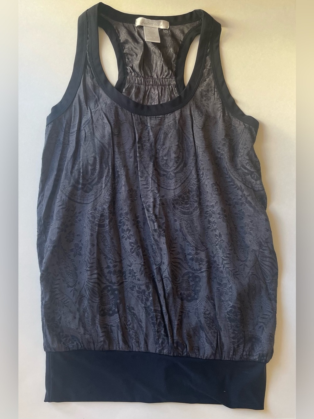 Vintage Y2K Charlotte Russe Black and Gray Patterned Tank Top with Elastic Hem
